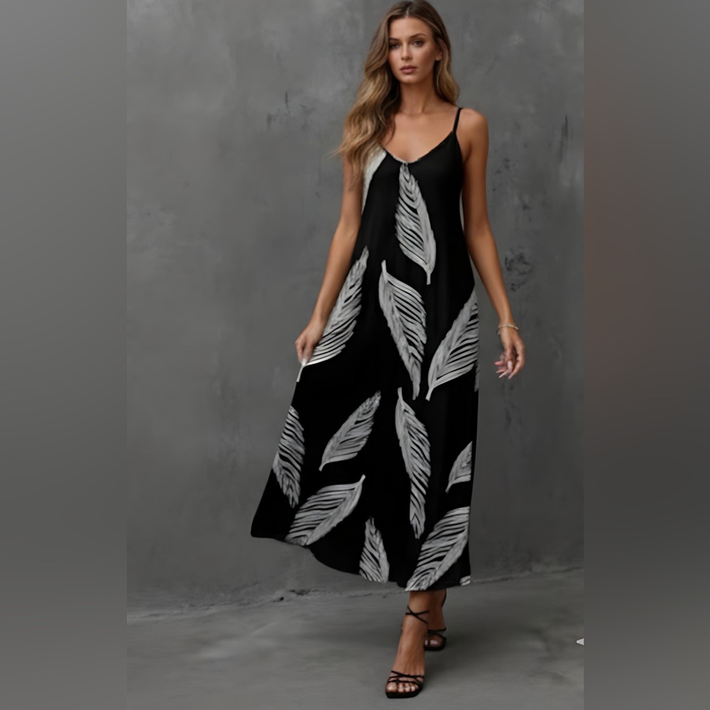 Boho Leaf Print Sleeveless Maxi Dress Black - Picture 2 of 9